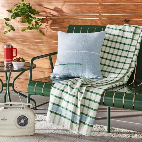 Hearth & Hand Magnolia Checkered Plaid Woven Throw Blanket Cream Lt Blue Green - Picture 2 of 6